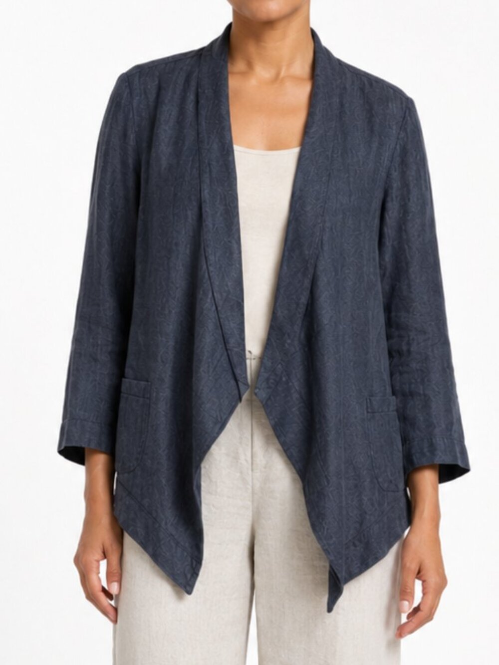 Coldwater Creek Linen Draped Jacket Navy Blue Open Front Lightweight Classic PL
